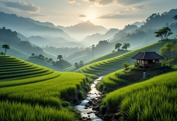 terraced rice fields with sunset and misty mountains