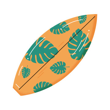 Yellow serfing board with leafs isolated on transparent background with watercolour texture.  Summer beach accessory for holidays . serfing board icon.Cartoon flat style.Design element for web. Vector