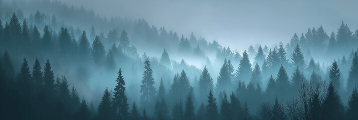 Foggy forest in muted green and grey tones