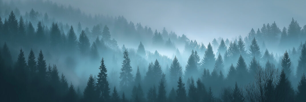 Fototapeta Foggy forest in muted green and grey tones