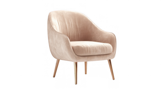 Modern beige velvet armchair featuring sleek golden legs, positioned on a transparent background, enhancing interior design projects with a touch of luxury and elegance
