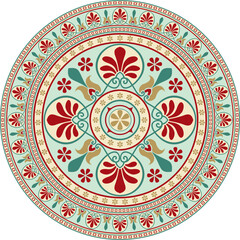 Vector colored classic Greek round ornament. Circle of Ancient Greece and the Roman Empire. Byzantine painting of walls, floors and ceilings. Decoration of European palaces.
