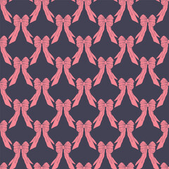 Seamless pattern with cute hand drawn fancy pink bow knots on dark blue background. Pretty retro coquettes wallpaper. Vintage romantic repeat background for wedding, birthday or Valentines decoration.