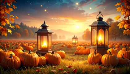 Autumnal Lantern Glow in Pumpkin Patch