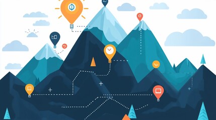 Strategic roadmap concept illustrating business goals with mountain peaks