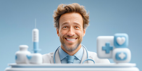 Expert surgeon displaying futuristic medical symbols in sterile high-tech operating theatre