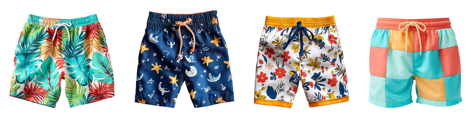 A collection of swim trunks for boys isolated on a transparent background