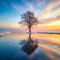 Fototapeta premium Lonely tree in snowfield under pastel gradient