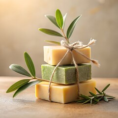 Stack of natural handmade soaps with olive branch