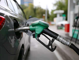 Eco-Friendly Fueling Process Depicting Vehicle Being Refilled with Green Handle Gas Pump at Petrol Station