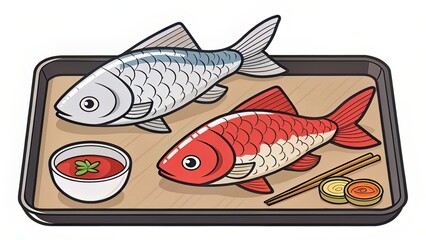 Quirky Sushi Vector with Silver and Red Fish on Tray and Sauce