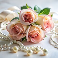 White pink rose petals on side view with ribbon tied 
