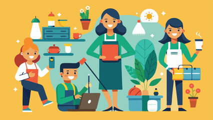 Illustrated Team Working From Home, House Plants and Kitchenware, Warm Background, Aprons