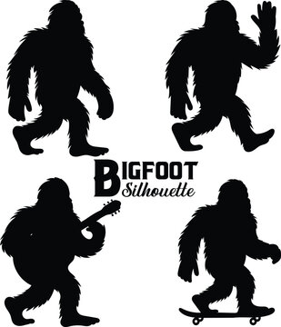 Set of four Bigfoot silhouettes in playful poses, including walking, waving, playing guitar, and skateboarding. Isolated on white, these creative sasquatch icons blend humor with mythical folklore.