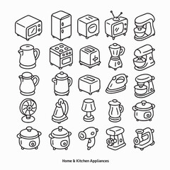 A minimal line icon set of household appliances. Includes microwave, fridge, oven, toaster, fan, vacuum, iron, and more. Perfect for UI, info graphics, or web design