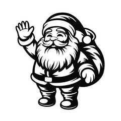Cheerful Santa Claus with Sack Waving, Isolated Black Silhouette Design, Cartoon Character
