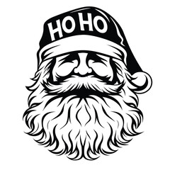Santa Claus Face With Hat Decorated With Ho Ho Ho Text in Black and White Style