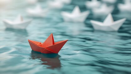 A single origami boat stands out from the crowd of others.