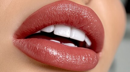 Obraz premium Close-up of Woman s Lips with Pink Lipstick and Perfect White Teeth, Beauty and Makeup Concept