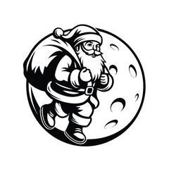 Line art Santa Claus running with sack, festive monochrome design against moon backdrop