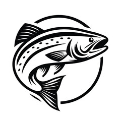 Fototapeta premium Leaping Spotted Trout Silhouette Monochrome Circular Emblem, Wildlife, Fresh Catch Icon