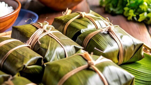 Traditional glutinous rice cakes wrapped in green banana leaves, tied with twine and set on tray for a culinary experience.