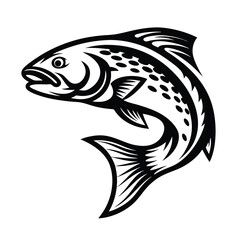 Abstract Black and White Fish Leaping, Aquatic Animal Illustration, Outline Art