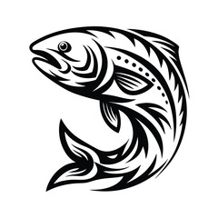 Leaping Fish Silhouette Curving Black Ink Design Against White Background, Aquatic Animal