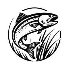 Monochrome Leaping Salmon Fish Silhouette with Water Plants in Circular Frame