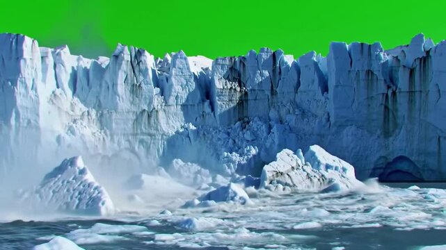Realistic time-lapse animation of a glacier slowly melting, with ice cracking, surface shrinking, and water runoff flowing down, isolated on a green screen. Perfect for climate change awareness.