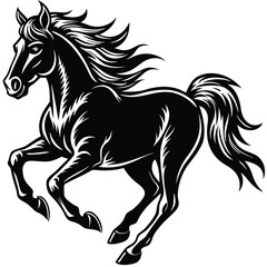 Black and White Silhouette of Horse Galloping in Nature with Trees and Hills