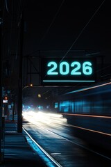 Futuristic City Street at Night with Neon 2026 Sign and Motion Blur.
