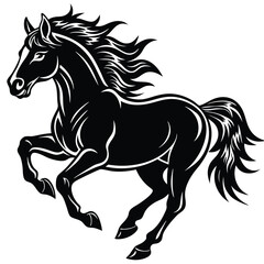 Prancing Horse Silhouette on Grass, Elegant Black Stallion, Strong Animal Design