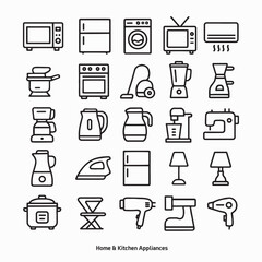 A minimal line icon set of household appliances. Includes microwave, fridge, oven, toaster, fan, vacuum, iron, and more. Perfect for UI, info graphics, or web design