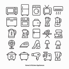 A minimal line icon set of household appliances. Includes microwave, fridge, oven, toaster, fan, vacuum, iron, and more. Perfect for UI, info graphics, or web design.
