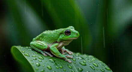 Obraz premium Green Frog on a Rain-Soaked Leaf