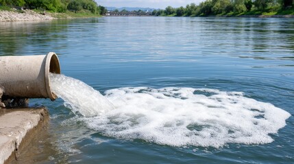 Fototapeta premium Wastewater discharge pipe polluting a river, creating white foam.