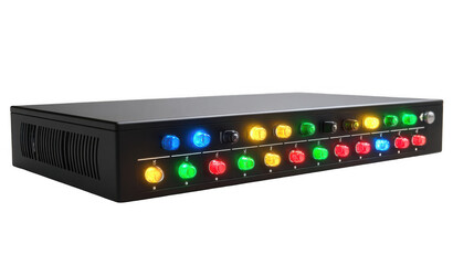 Network equipment with colorful glowing indicator lights is displayed on a transparent background, suggesting data transfer and network activity