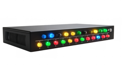 Network equipment with colorful glowing indicator lights is displayed on a transparent background, suggesting data transfer and network activity