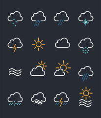 A modern set of flat weather icons featuring sun, rain, snow, fog, and storms—ideal for apps, dashboards, or infographics.