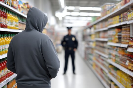 Hooded person stands in supermarket aisle, police officer watching from distance, possible shoplifting incident.