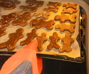 A person wearing red oven mitt puts a tray with shaped raw cookies into the oven. Cozy moment of home baking, family activity, and holiday preparation in the kitchen