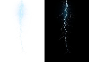 Dramatic lightning strike and thunder overlay with electric storm energy. Powerful weather effect ideal for dramatic nature scenes and designs. Isolated PNG background
