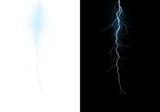 Dramatic lightning strike and thunder overlay with electric storm energy. Powerful weather effect ideal for dramatic nature scenes and designs. Isolated PNG background