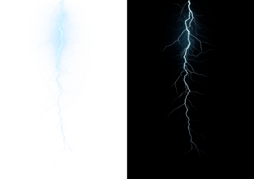 Dramatic lightning strike and thunder overlay with electric storm energy. Powerful weather effect ideal for dramatic nature scenes and designs. Isolated PNG background