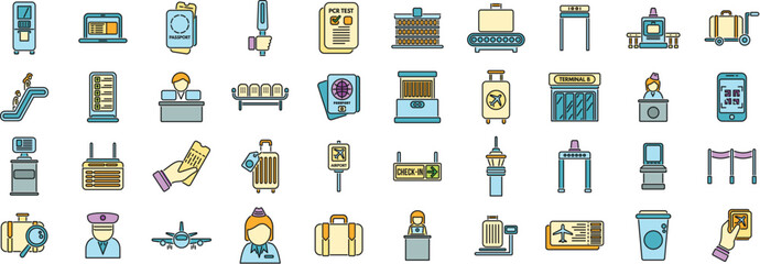 Colorful icons illustrating various airport and travel related elements