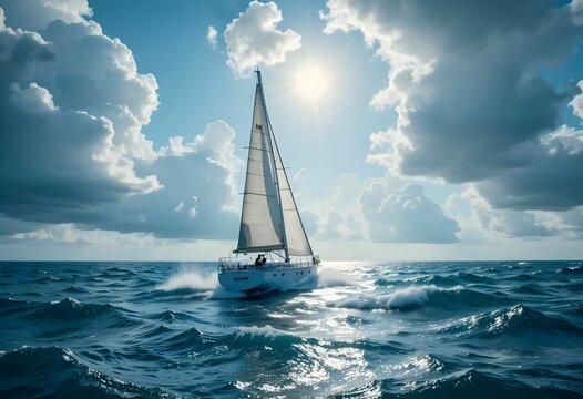 sailboat in choppy ocean with dramatic cloudy sky and sun