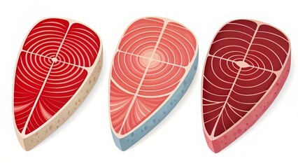 Three distinct tuna steaks in a cross-sectional layout, featuring bold red spirals and geometric cut shapes for graphic clarity.