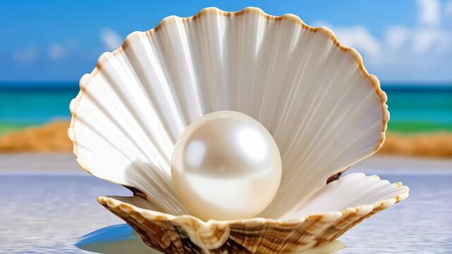 Seashell with lustrous pearl displayed in calm water against an ocean and sky backdrop.