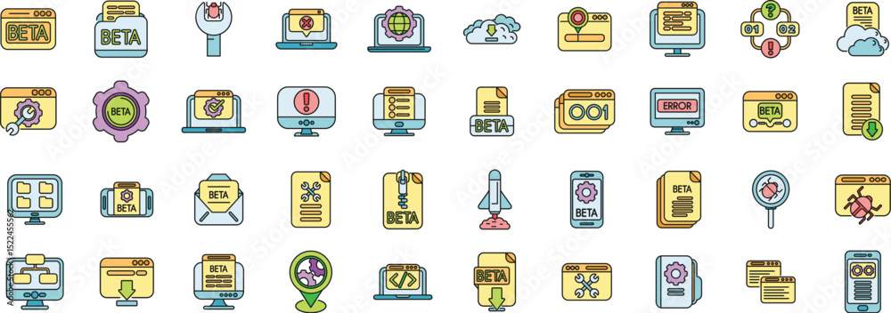Poster set of icons illustrating beta testing and software development concepts